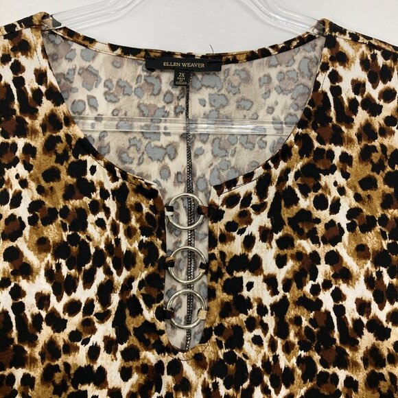 Ellen Weaver size 2X Black Brown Leopard Print Keyhole Stretch Knit Pullover Top - Picture 3 of 10